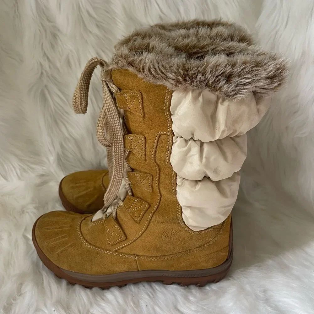 Timberland wheat leather suede &beige nylon lace up Mid calf boots  SZ8.5M